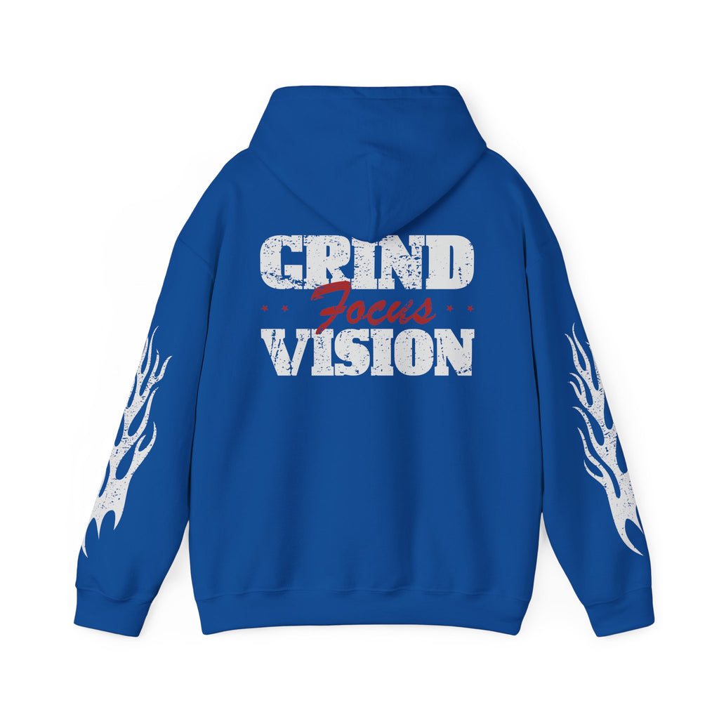 Hooded Sweatshirt — 'Grind Focus Vision' Black Hoodie with Flame Sleeves