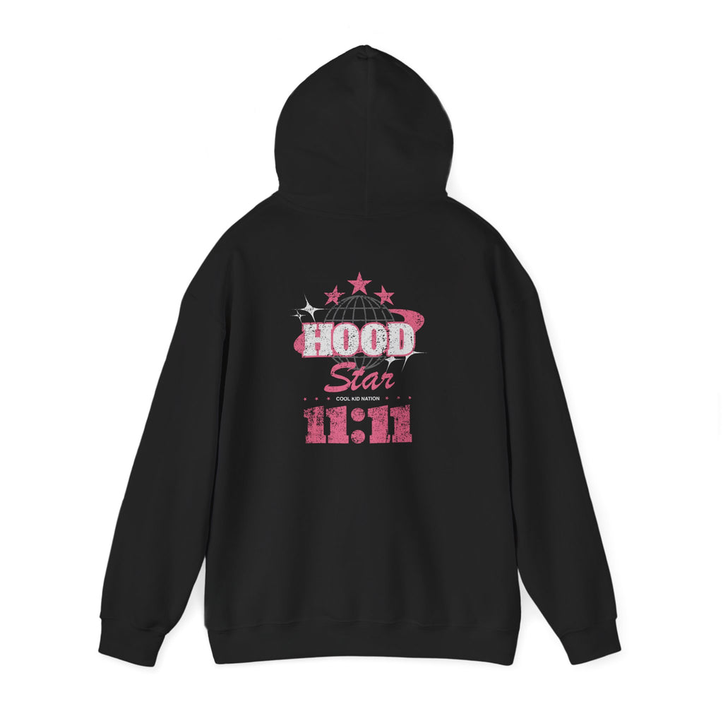 Hood Star Hoodie — Pink Retro Graphic Pullover (Front & Back 11:11 Design)