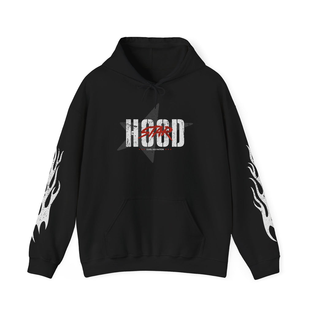 Hooded Sweatshirt — 'Grind Focus Vision' Black Hoodie with Flame Sleeves