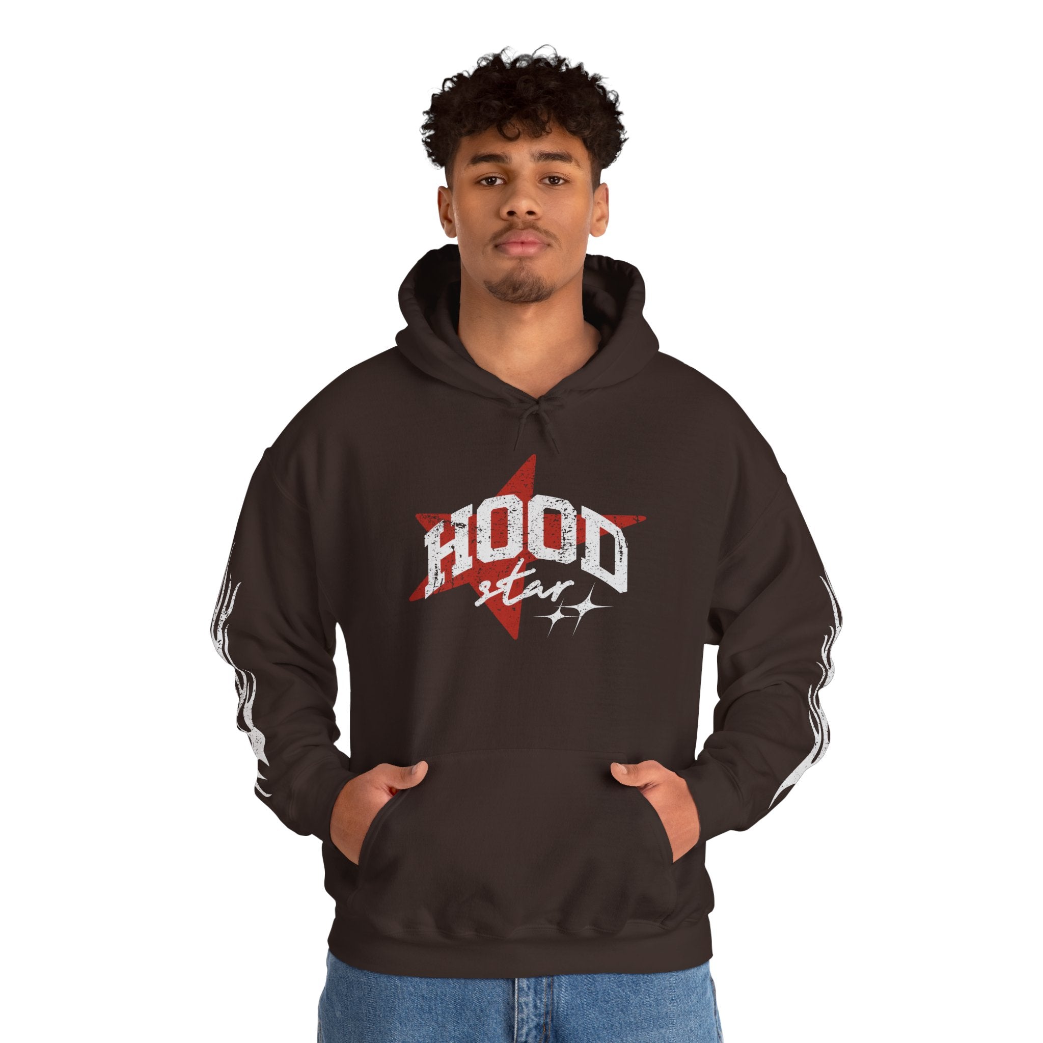 Hood Star Hoodie – Retro Flame Sleeve Streetwear Pullover