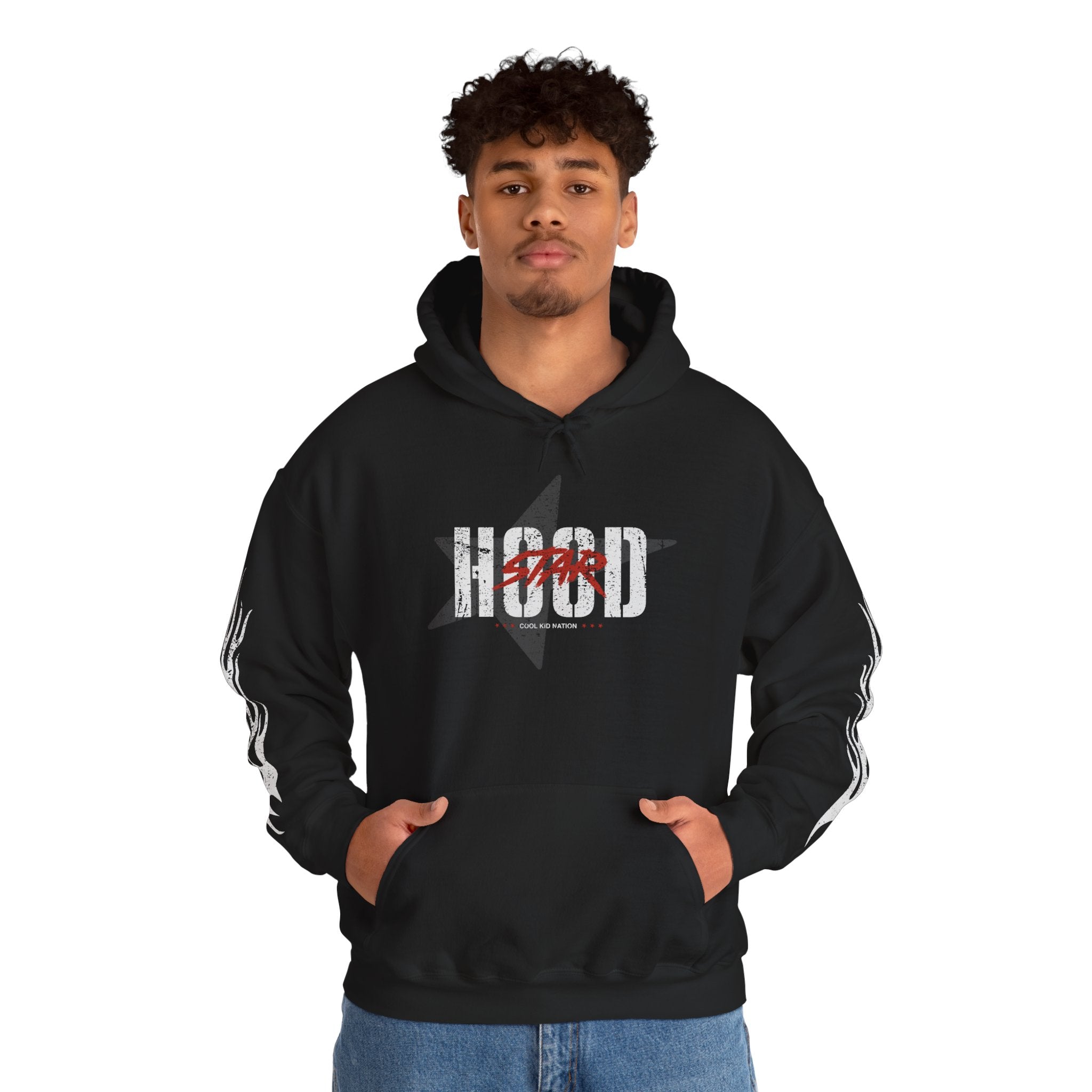Hooded Sweatshirt — 'Grind Focus Vision' Black Hoodie with Flame Sleeves
