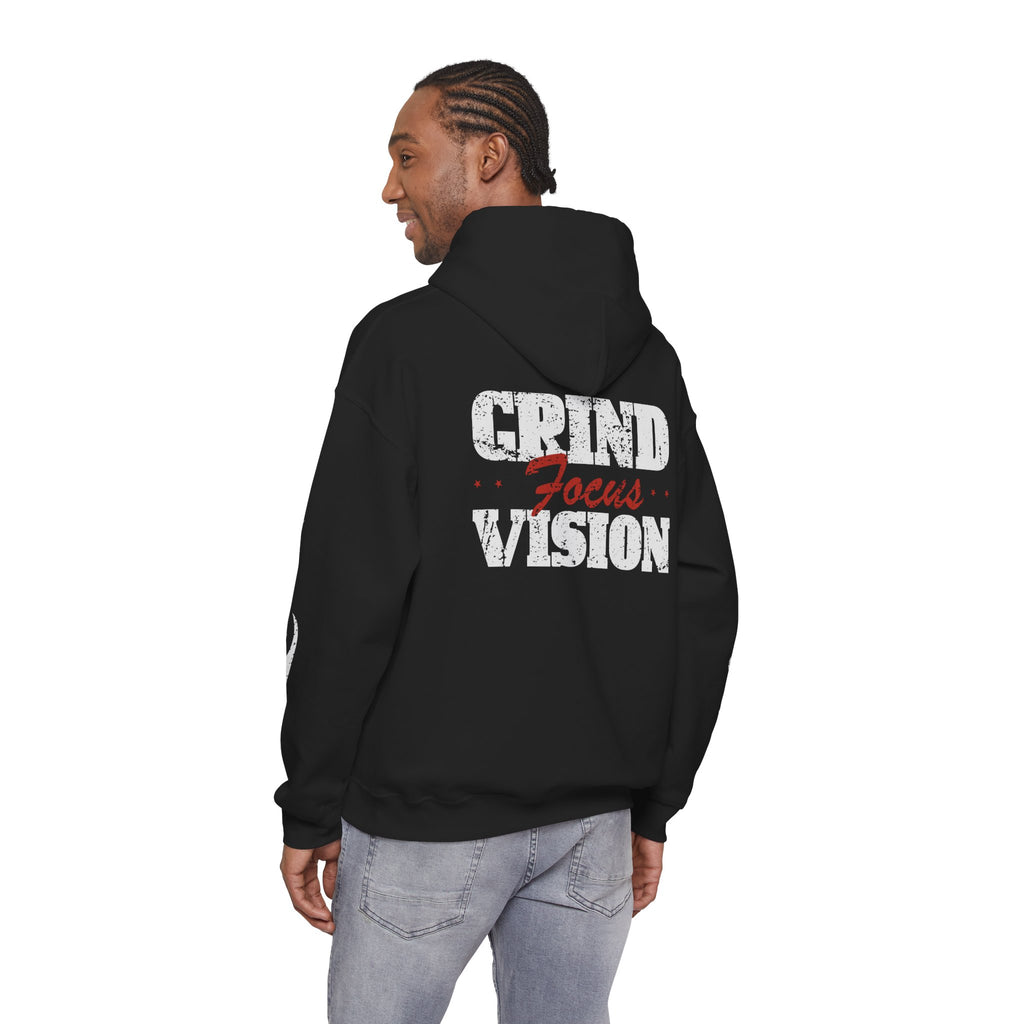 Hooded Sweatshirt — 'Grind Focus Vision' Black Hoodie with Flame Sleeves