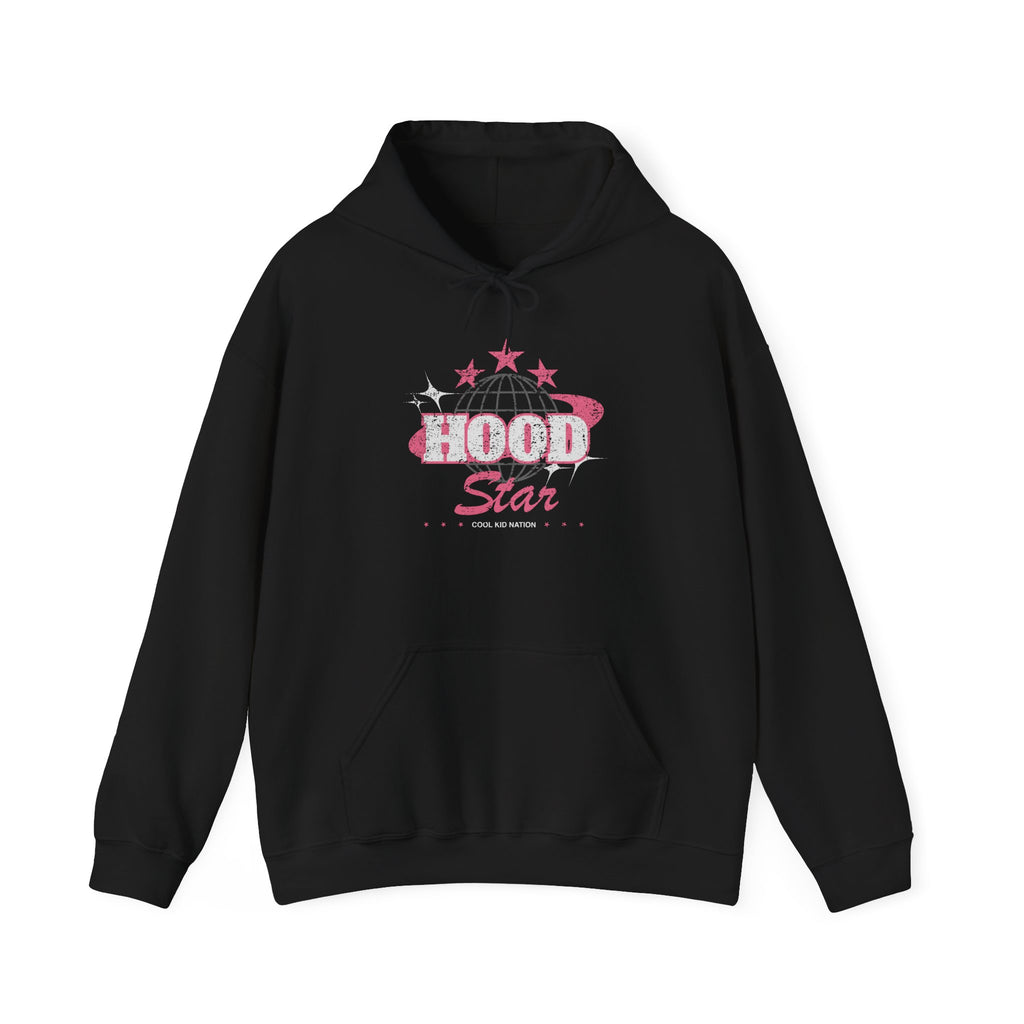 Hood Star Hoodie — Pink Retro Graphic Pullover (Front & Back 11:11 Design)