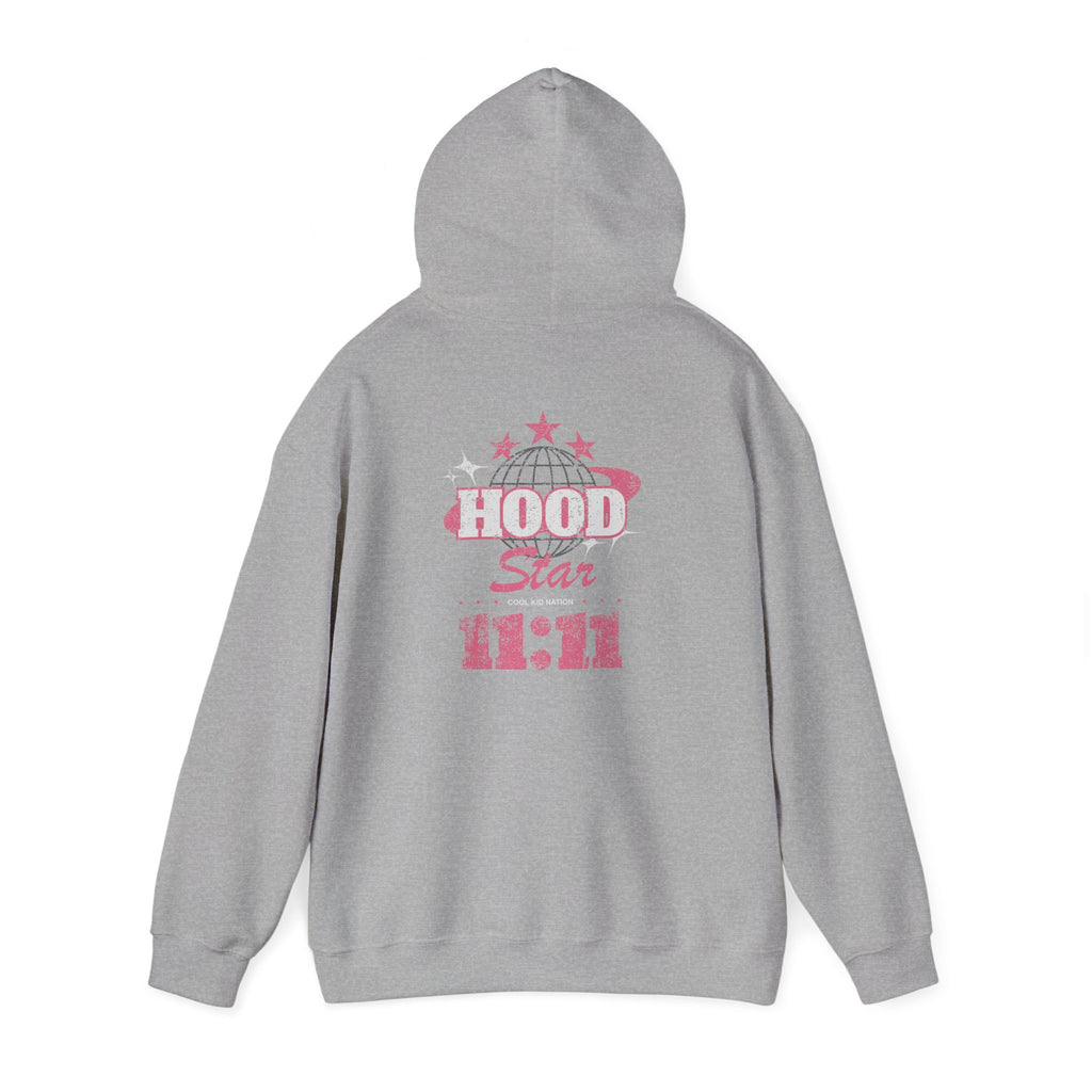 Hood Star Hoodie — Pink Retro Graphic Pullover (Front & Back 11:11 Design)
