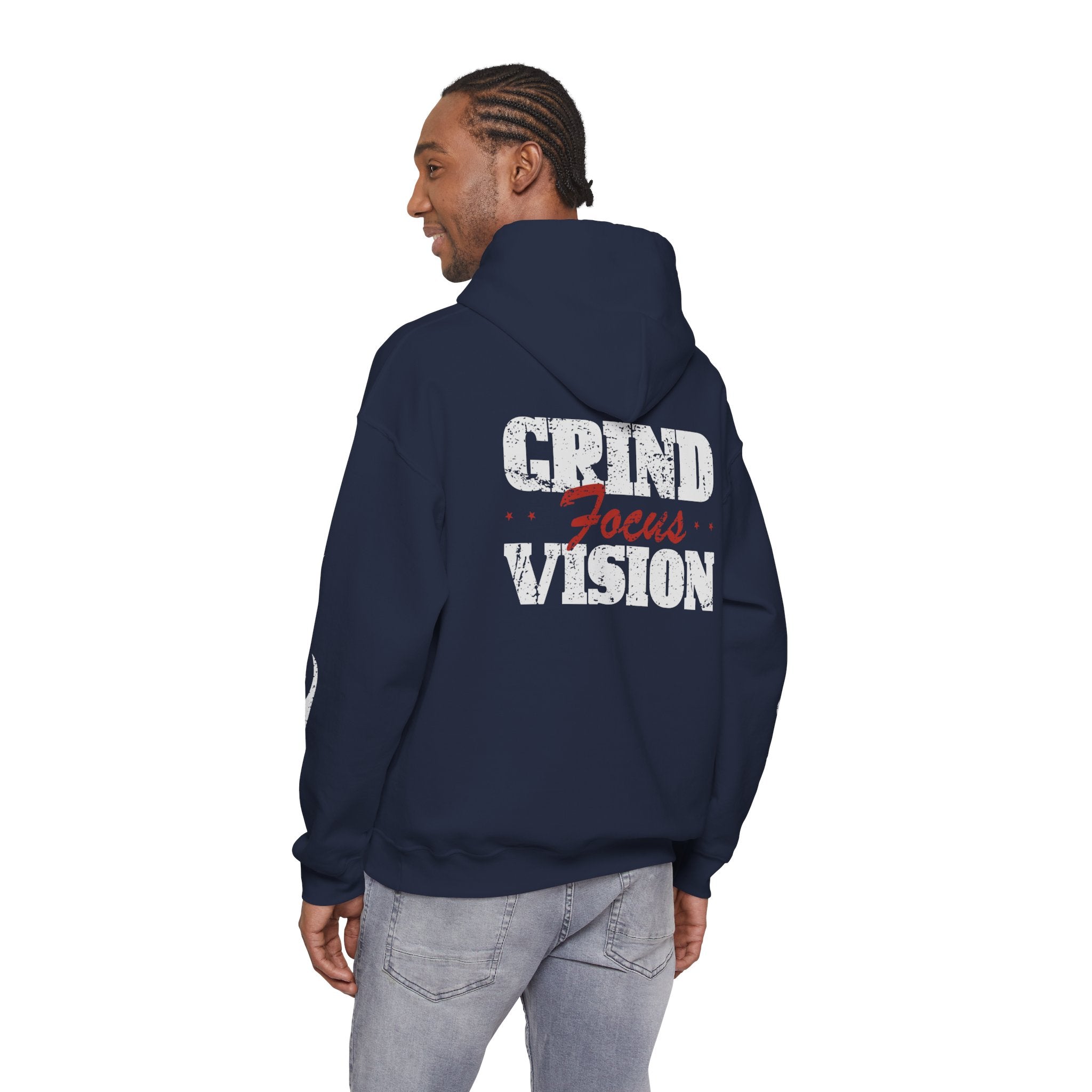 Hooded Sweatshirt — 'Grind Focus Vision' Black Hoodie with Flame Sleeves