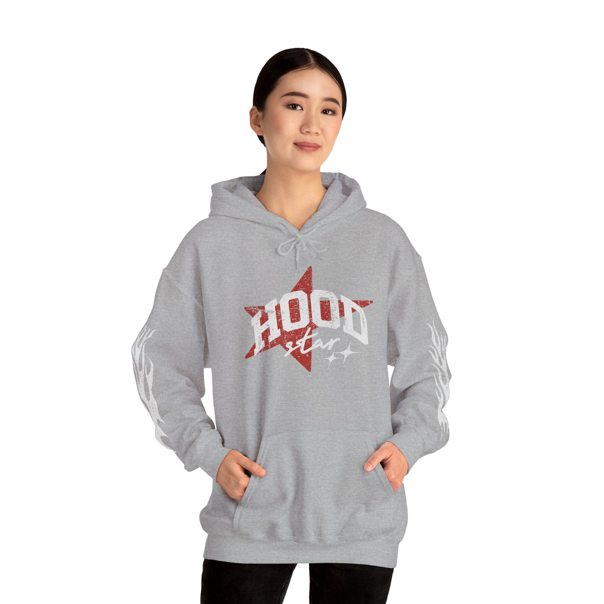 Hood Star Hoodie – Retro Flame Sleeve Streetwear Pullover