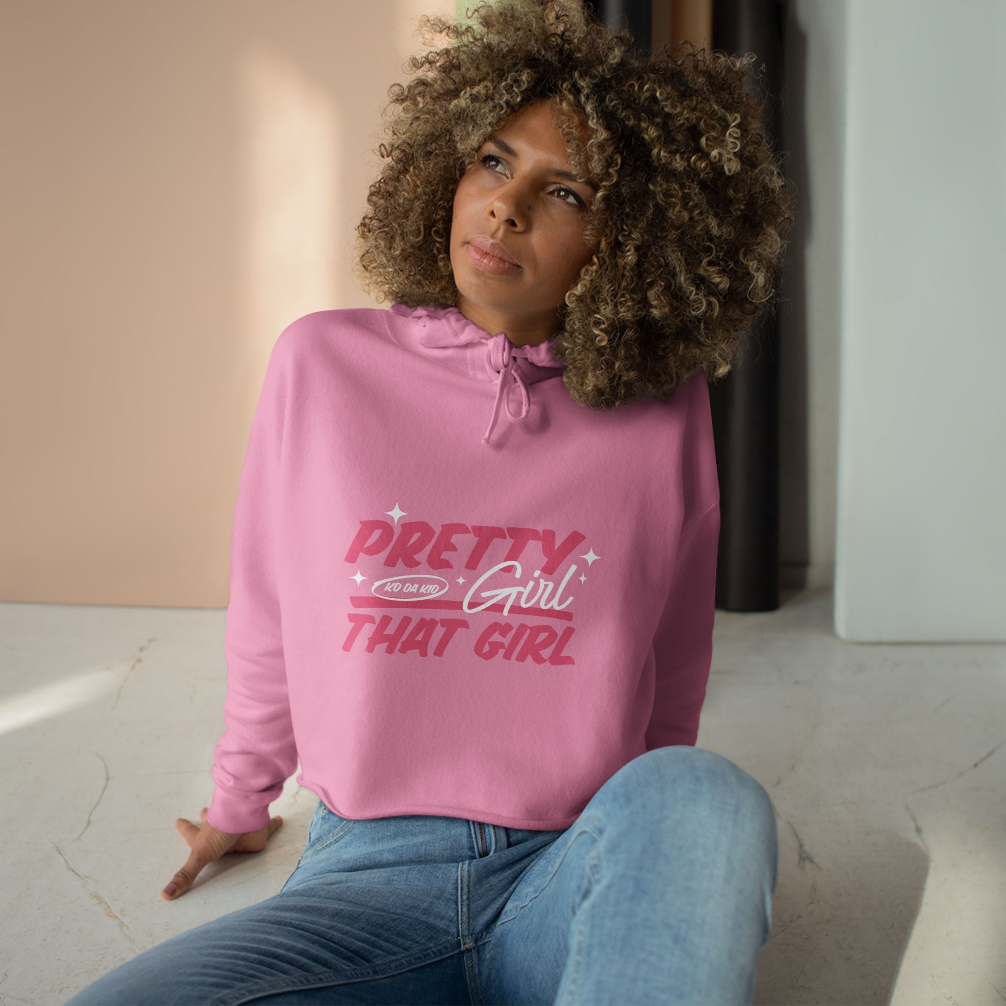 Pretty Girl That Girl Crop Hoodie — Pink Retro Graphic Crop Sweatshirt