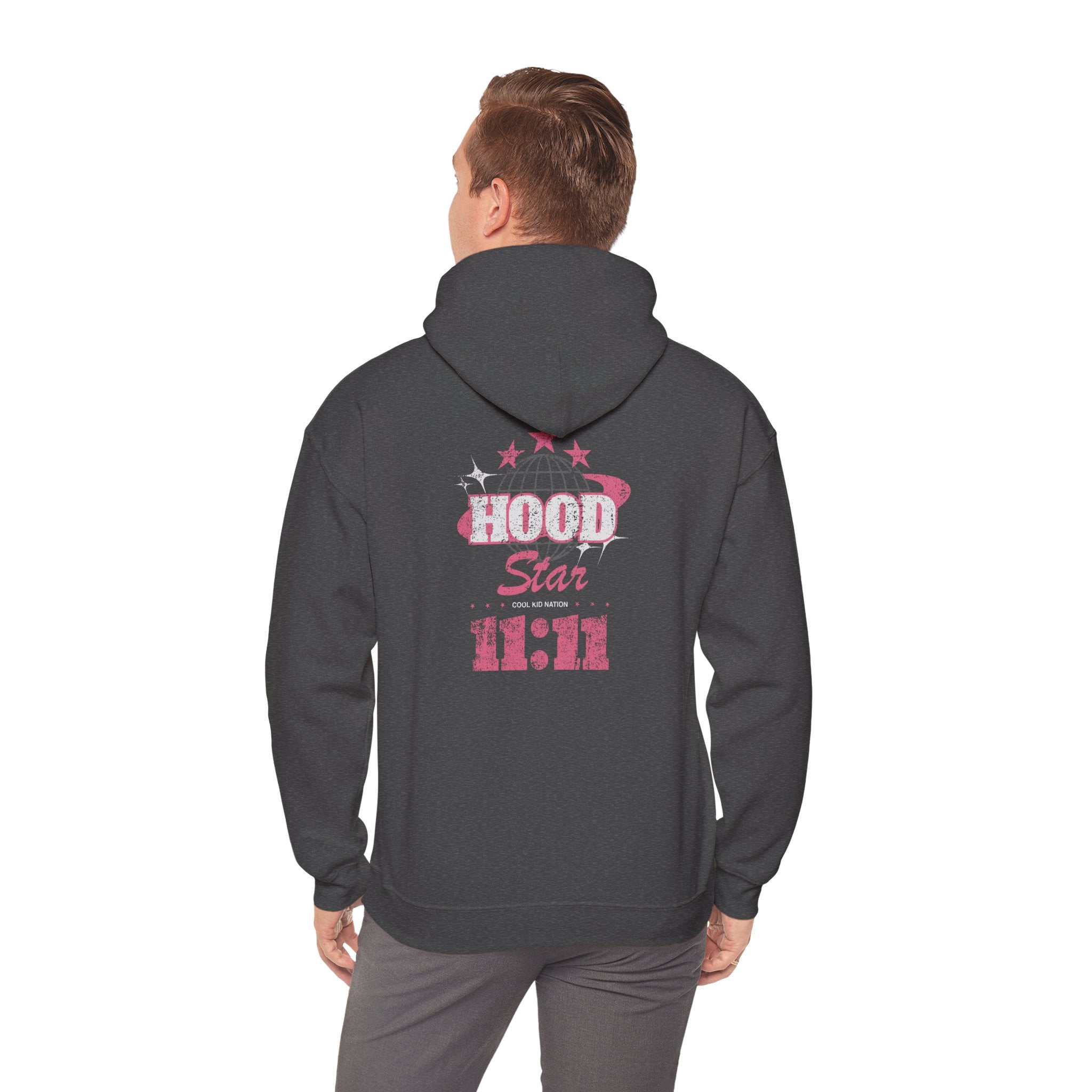 Hood Star Hoodie — Pink Retro Graphic Pullover (Front & Back 11:11 Design)
