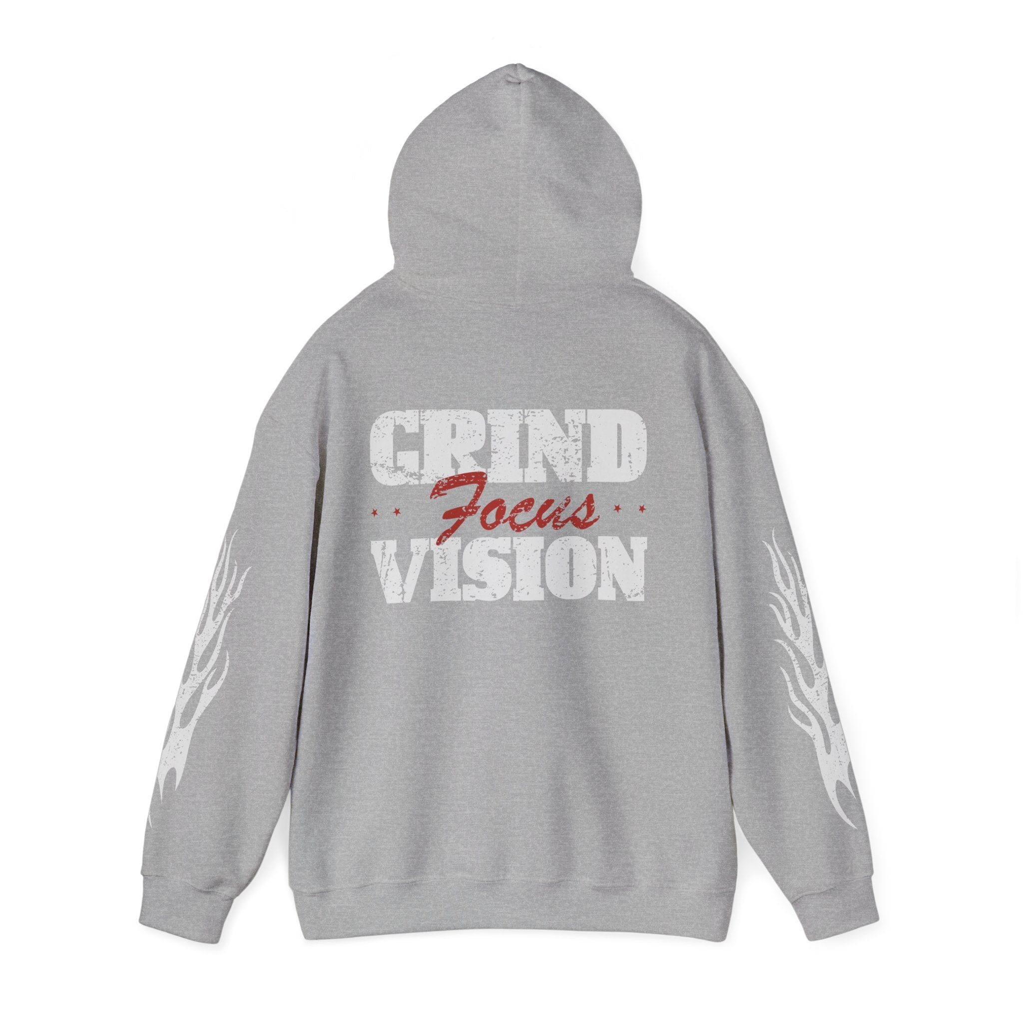 Hooded Sweatshirt — 'Grind Focus Vision' Black Hoodie with Flame Sleeves