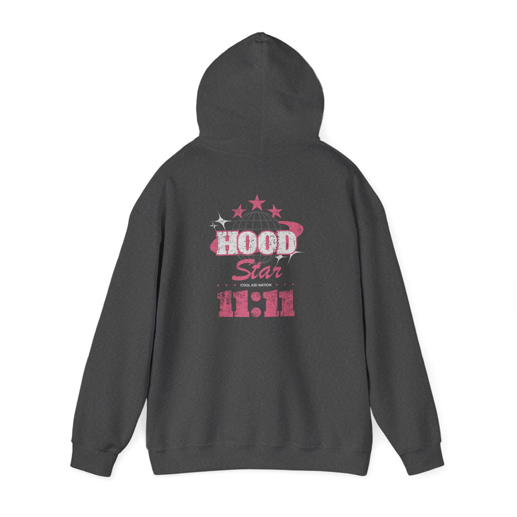 Hood Star Hoodie — Pink Retro Graphic Pullover (Front & Back 11:11 Design)