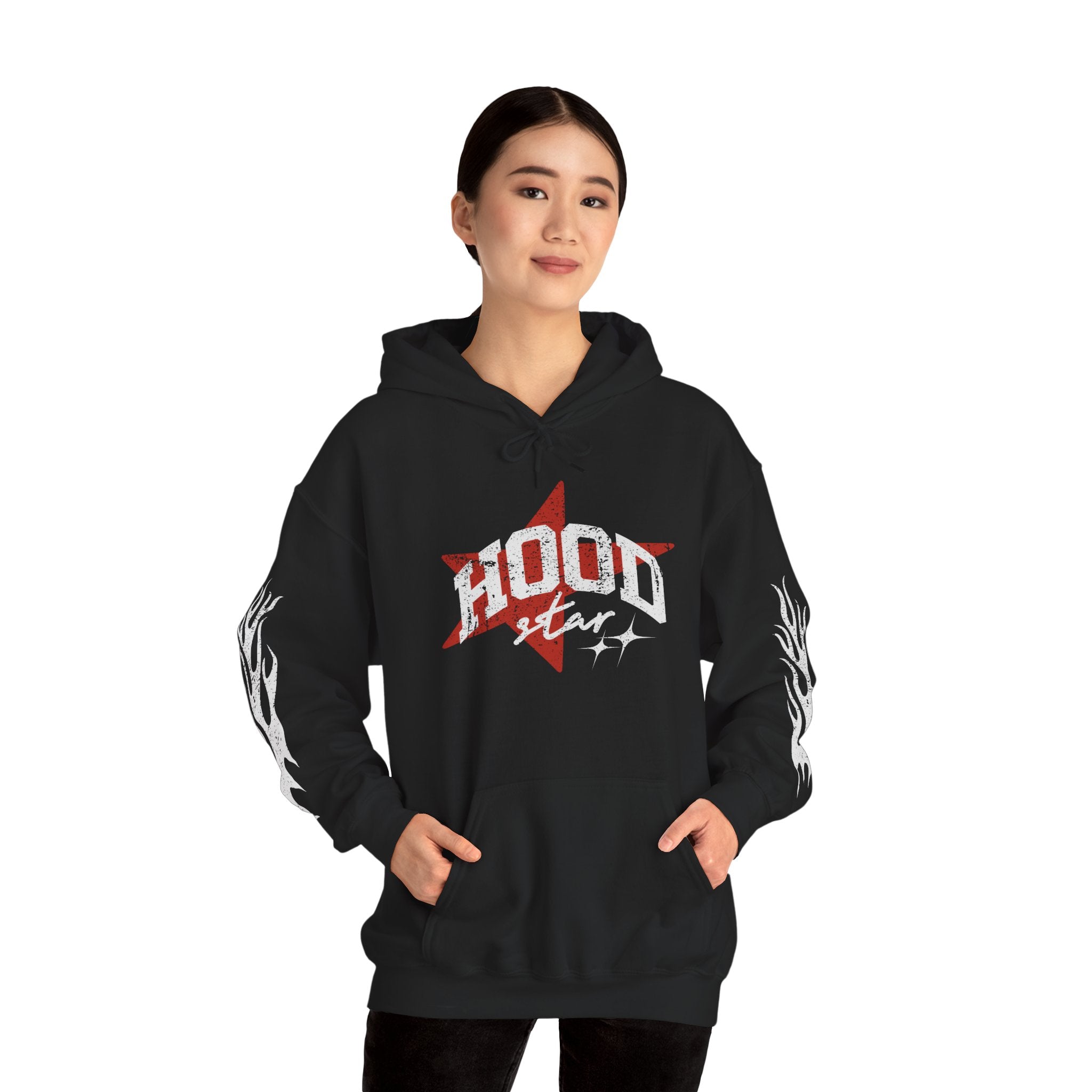 Hood Star Hoodie – Retro Flame Sleeve Streetwear Pullover