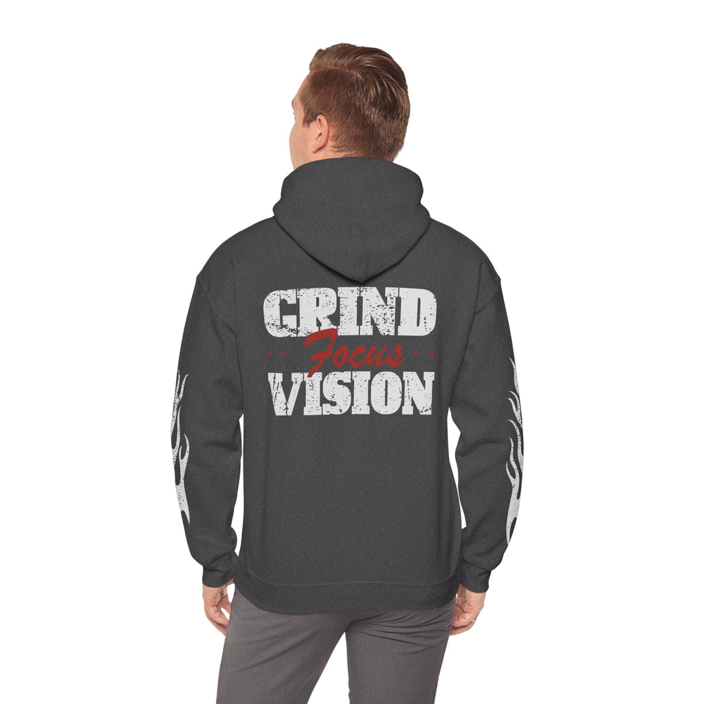 Hooded Sweatshirt — 'Grind Focus Vision' Black Hoodie with Flame Sleeves