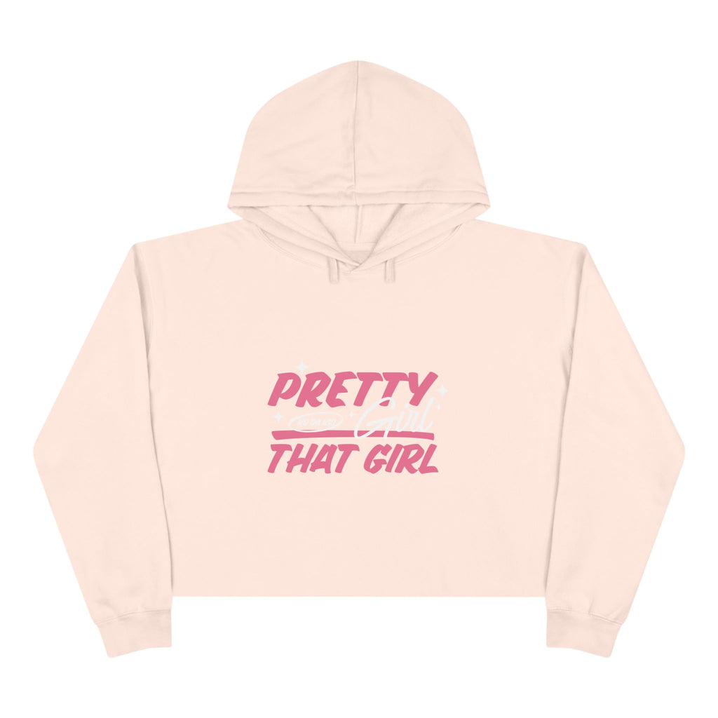 Pretty Girl That Girl Crop Hoodie — Pink Retro Graphic Crop Sweatshirt