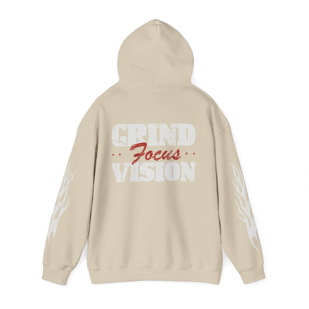 Hooded Sweatshirt — 'Grind Focus Vision' Black Hoodie with Flame Sleeves