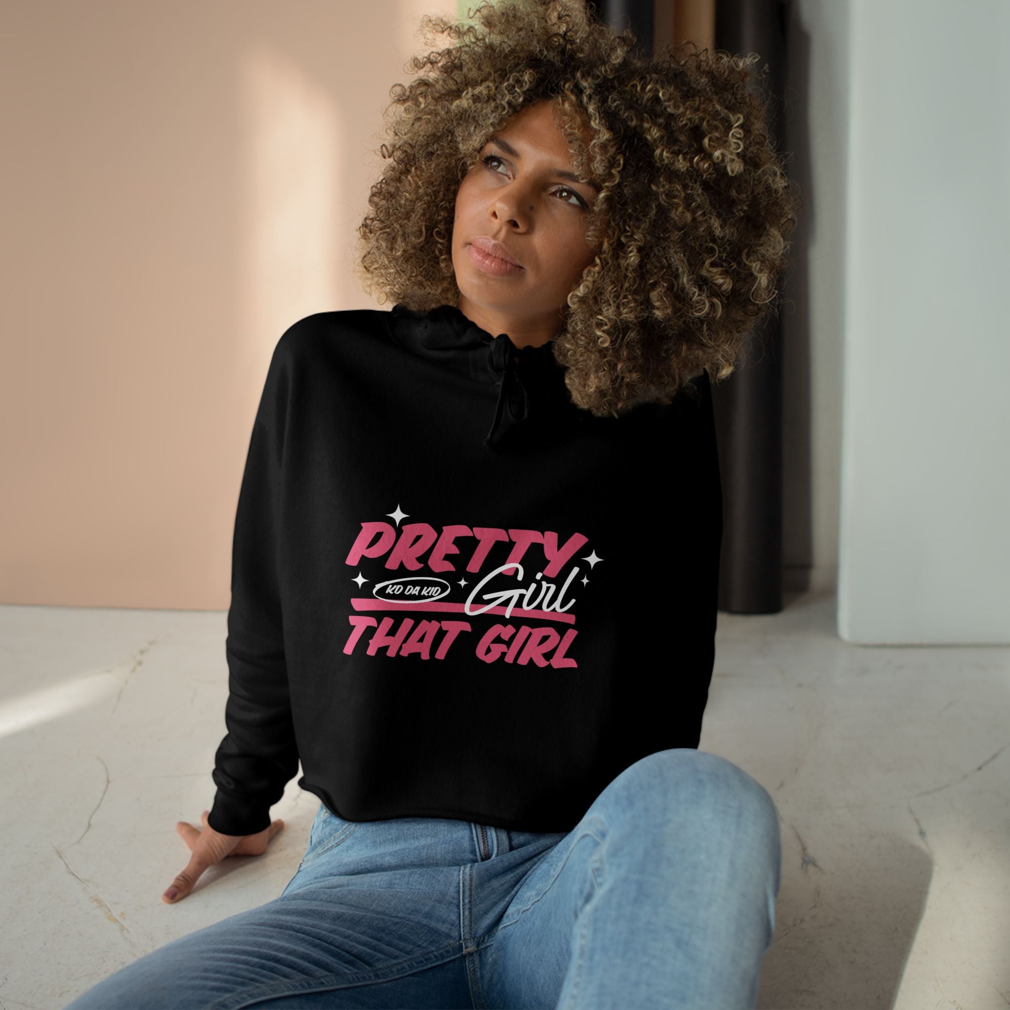 Pretty Girl That Girl Crop Hoodie — Pink Retro Graphic Crop Sweatshirt