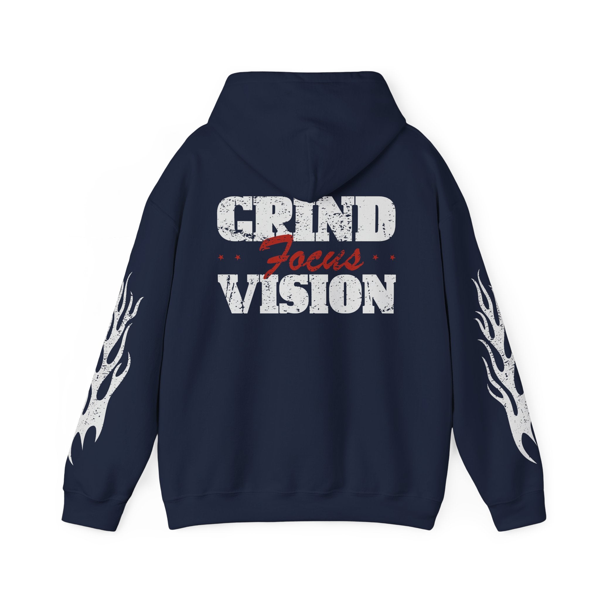 Hooded Sweatshirt — 'Grind Focus Vision' Black Hoodie with Flame Sleeves