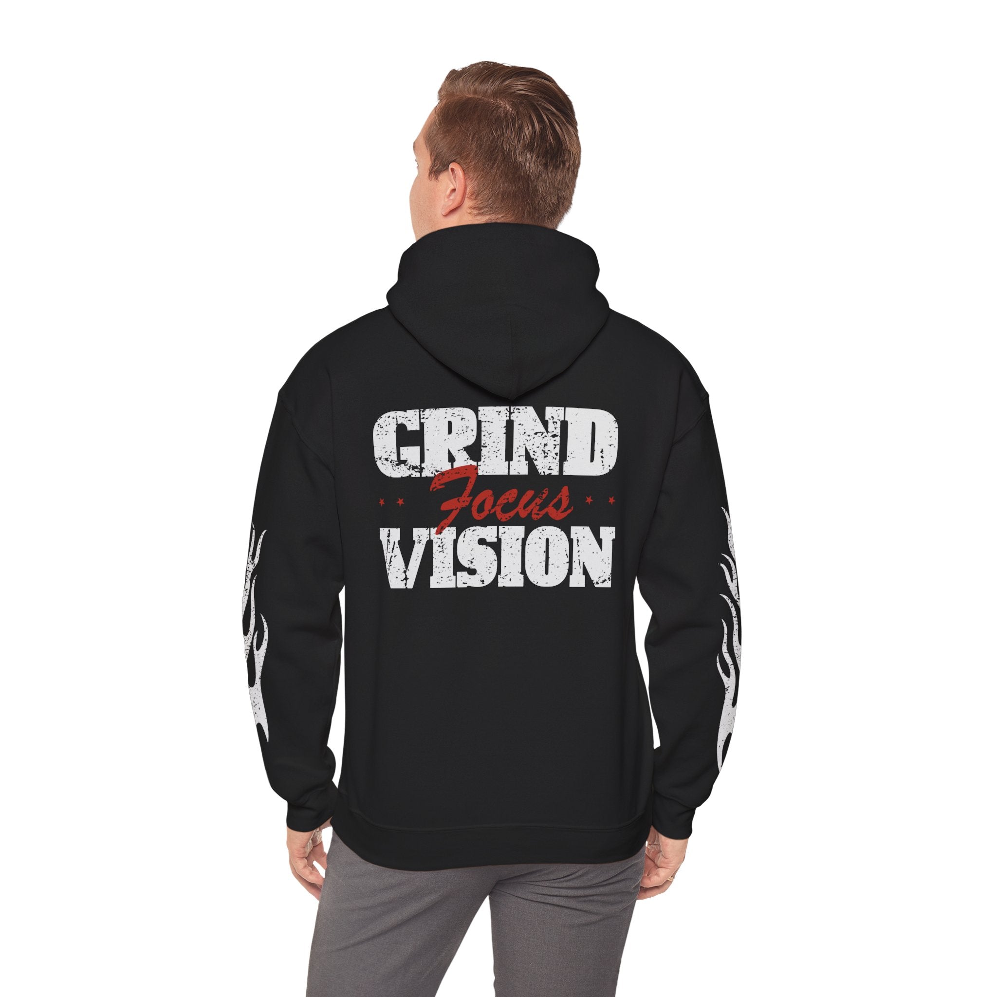 Hooded Sweatshirt — 'Grind Focus Vision' Black Hoodie with Flame Sleeves