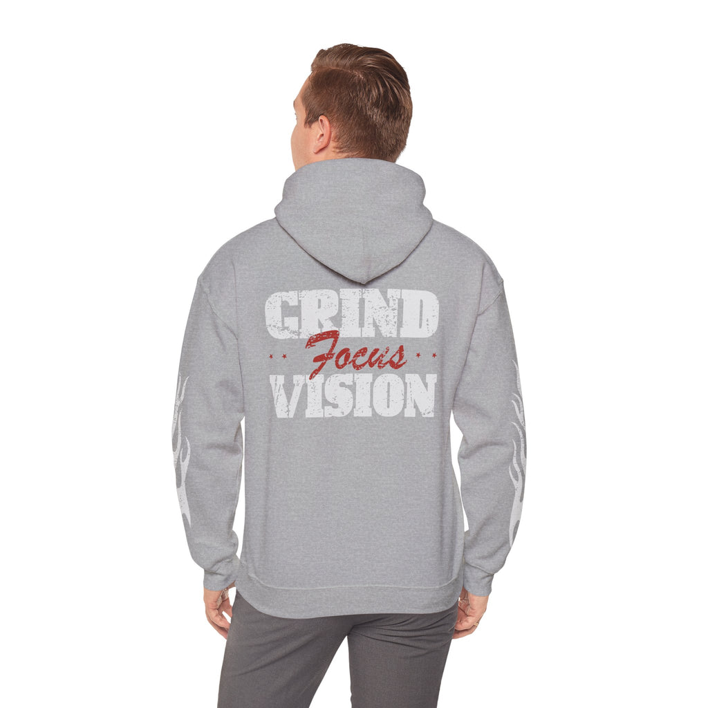 Hooded Sweatshirt — 'Grind Focus Vision' Black Hoodie with Flame Sleeves
