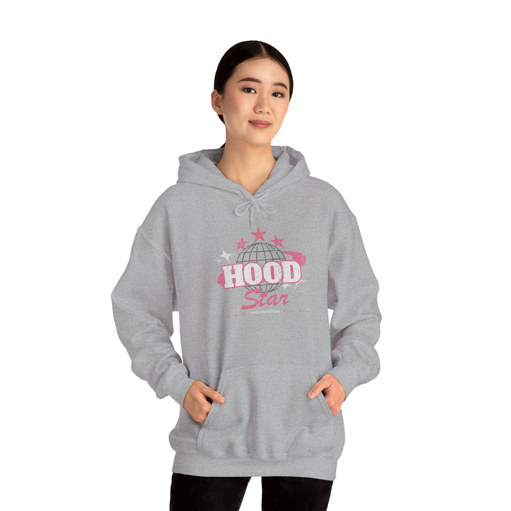 Hood Star Hoodie — Pink Retro Graphic Pullover (Front & Back 11:11 Design)