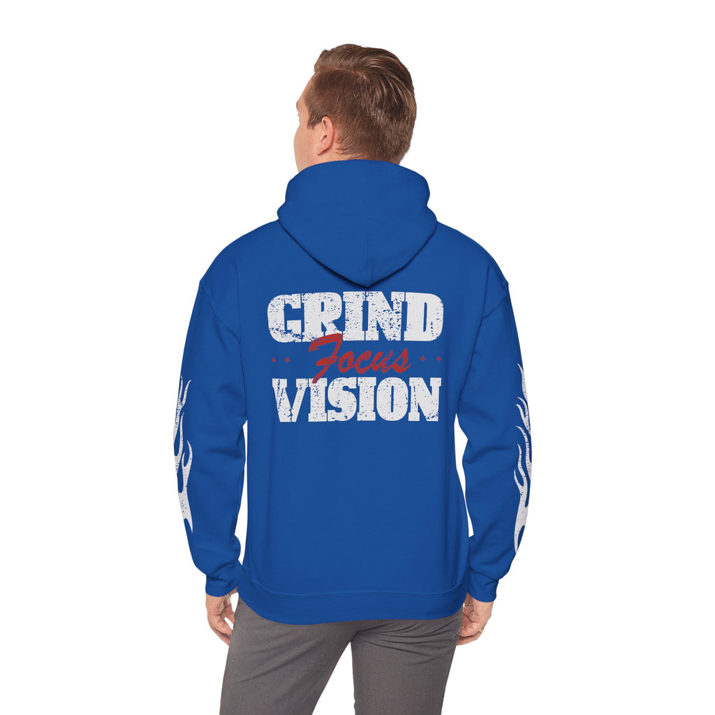 Hooded Sweatshirt — 'Grind Focus Vision' Black Hoodie with Flame Sleeves