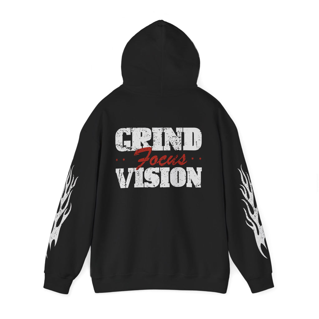 Hooded Sweatshirt — 'Grind Focus Vision' Black Hoodie with Flame Sleeves