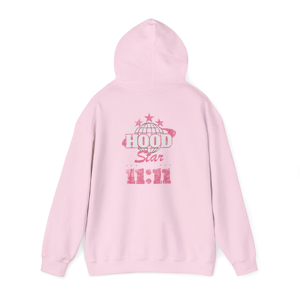 Hood Star Hoodie — Pink Retro Graphic Pullover (Front & Back 11:11 Design)