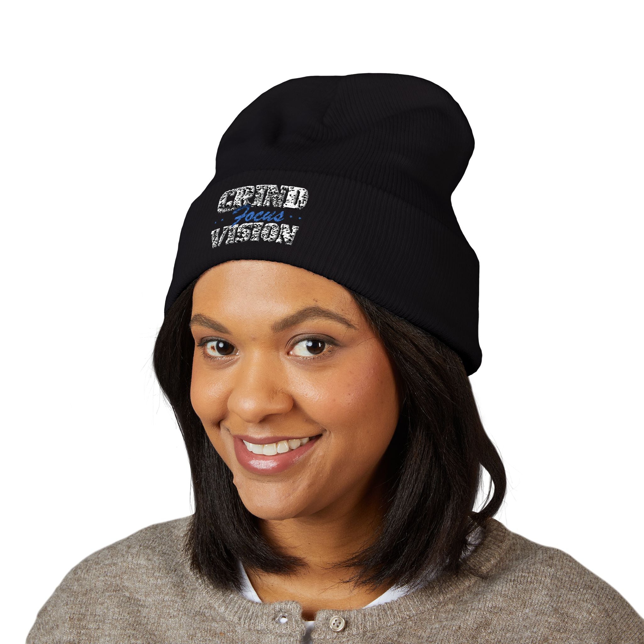 Embroidered Blue "Grind Focus Vision" Classic Cuffed Beanie – Cozy Winter Knit Hat