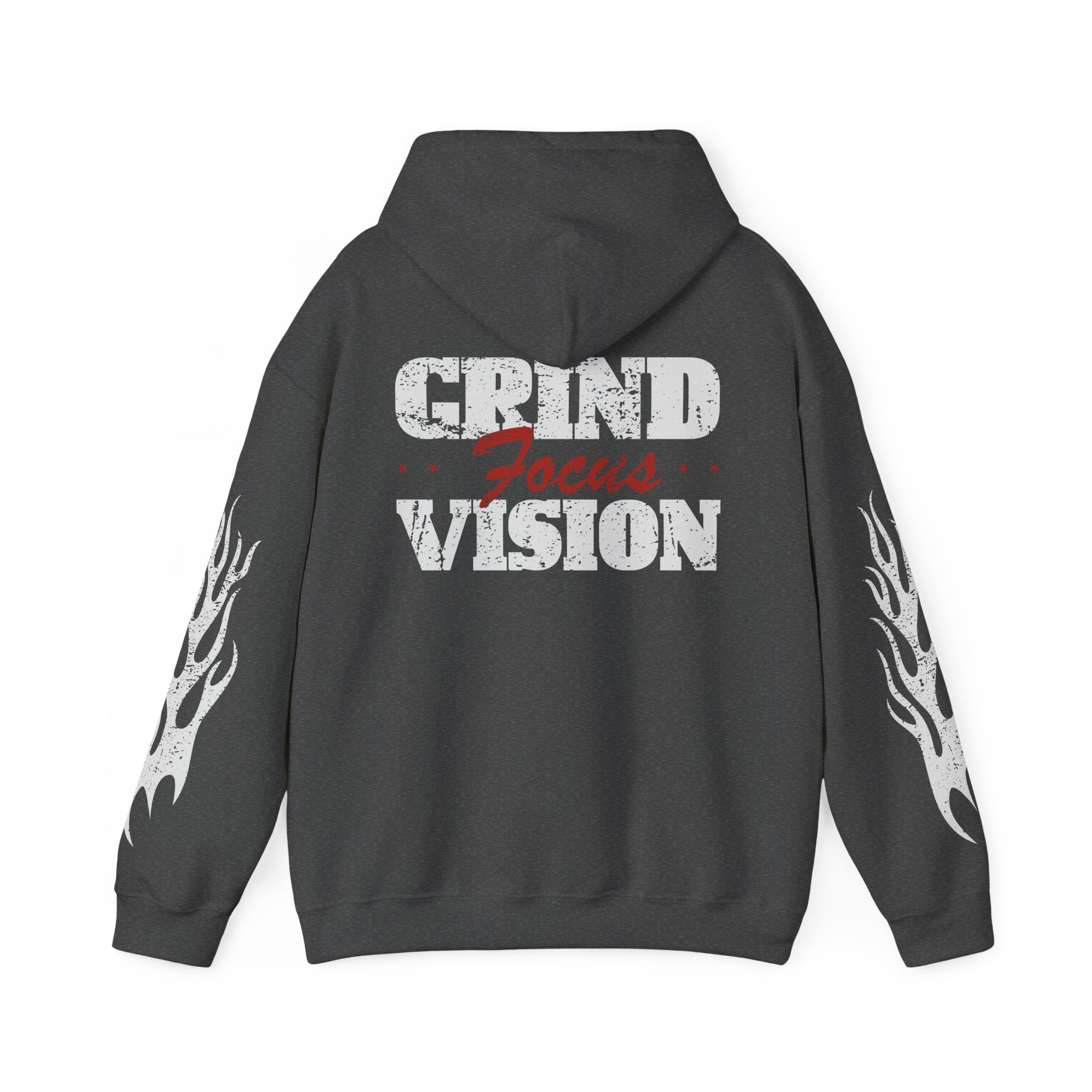 Hooded Sweatshirt — 'Grind Focus Vision' Black Hoodie with Flame Sleeves