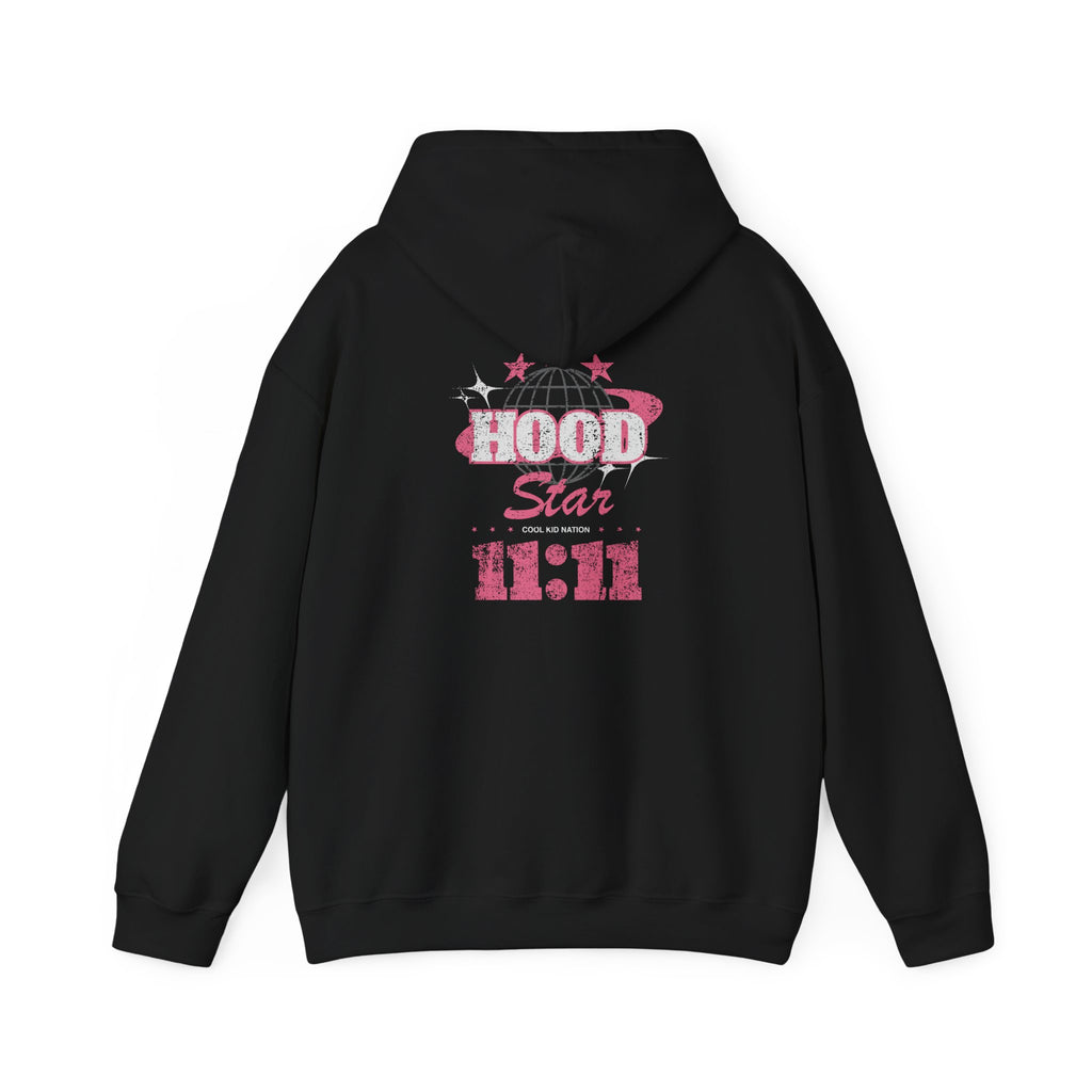 Hood Star Hoodie — Pink Retro Graphic Pullover (Front & Back 11:11 Design)