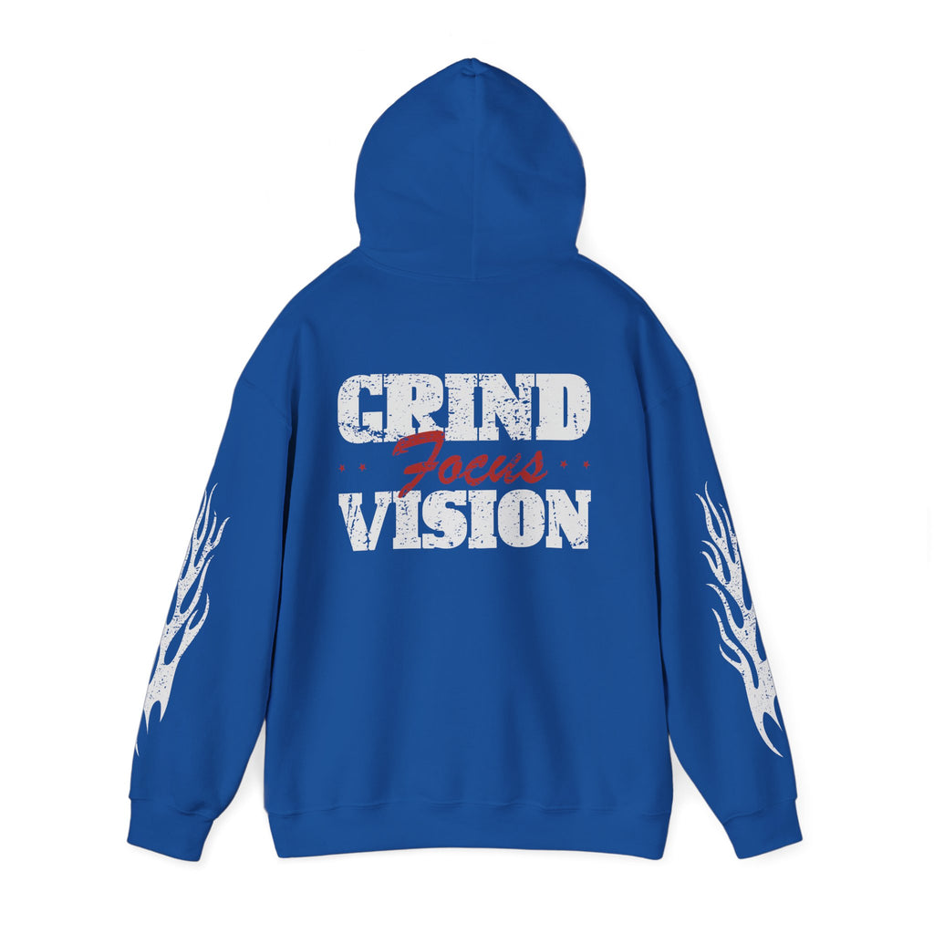 Hooded Sweatshirt — 'Grind Focus Vision' Black Hoodie with Flame Sleeves
