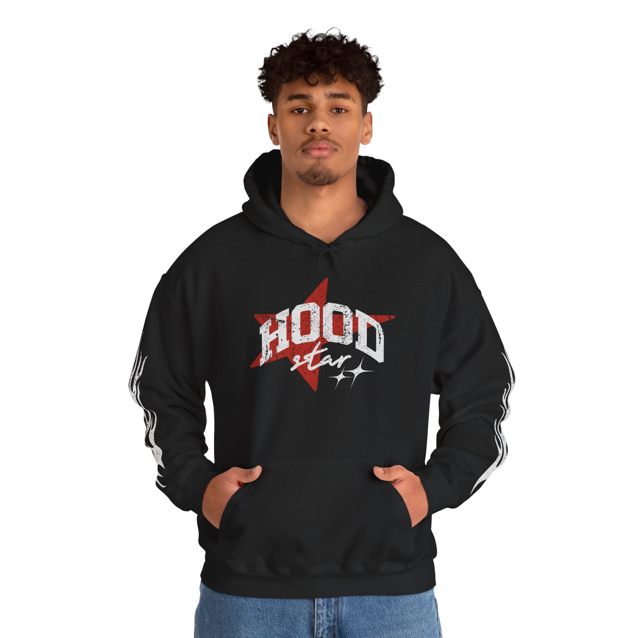 Hood Star Hoodie – Retro Flame Sleeve Streetwear Pullover