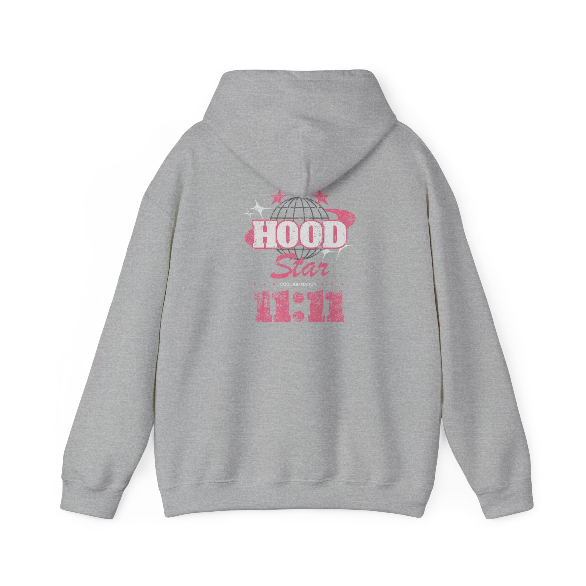 Hood Star Hoodie — Pink Retro Graphic Pullover (Front & Back 11:11 Design)