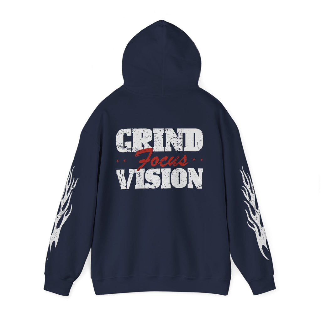 Hooded Sweatshirt — 'Grind Focus Vision' Black Hoodie with Flame Sleeves