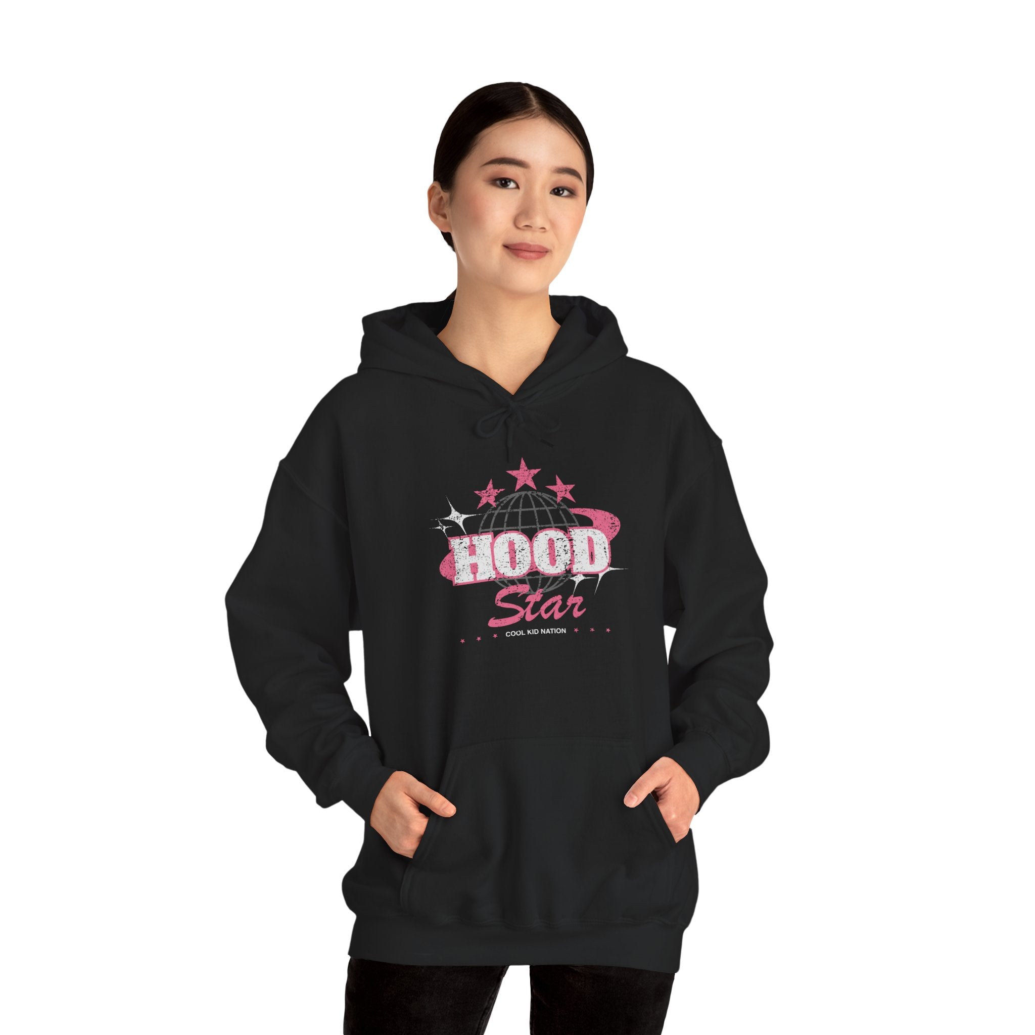 Hood Star Hoodie — Pink Retro Graphic Pullover (Front & Back 11:11 Design)