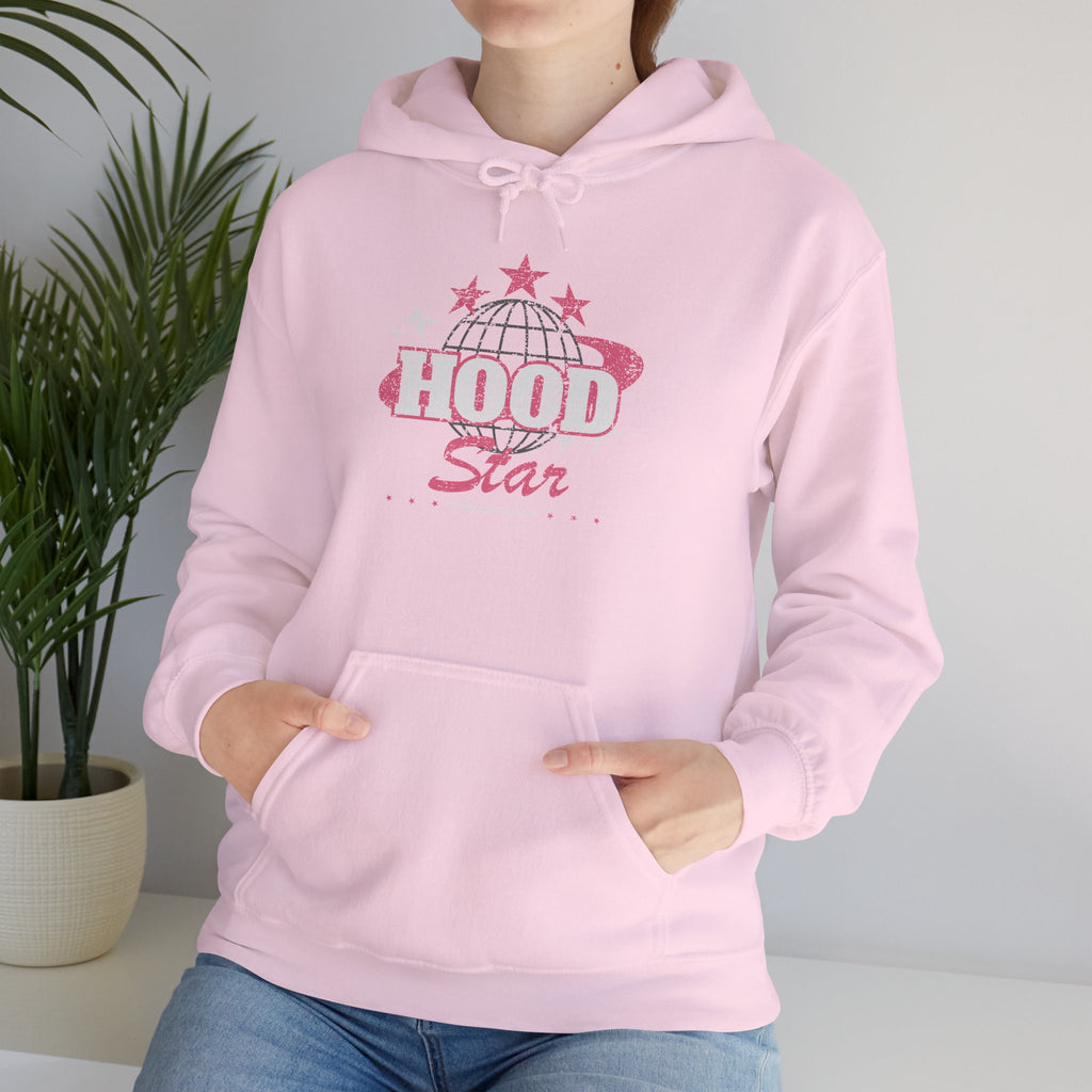 Hood Star Hoodie — Pink Retro Graphic Pullover (Front & Back 11:11 Design)