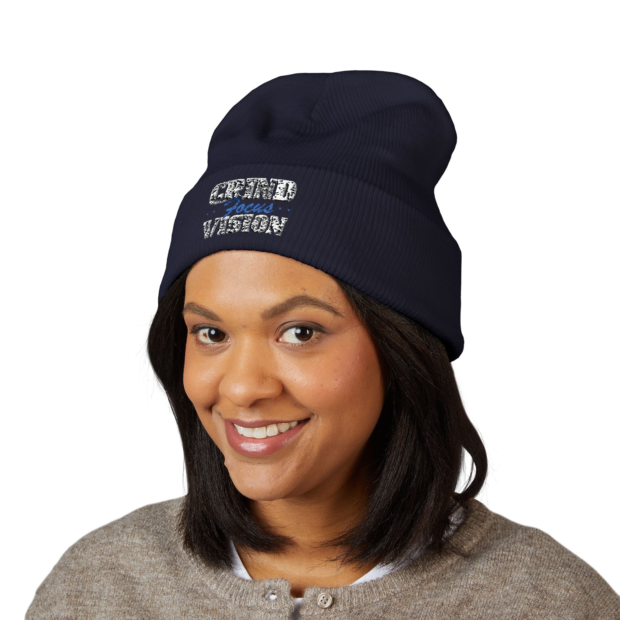 Embroidered Blue "Grind Focus Vision" Classic Cuffed Beanie – Cozy Winter Knit Hat