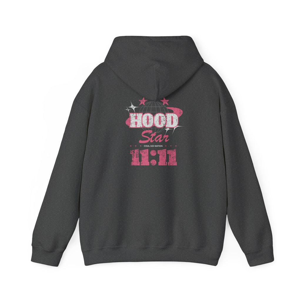 Hood Star Hoodie — Pink Retro Graphic Pullover (Front & Back 11:11 Design)