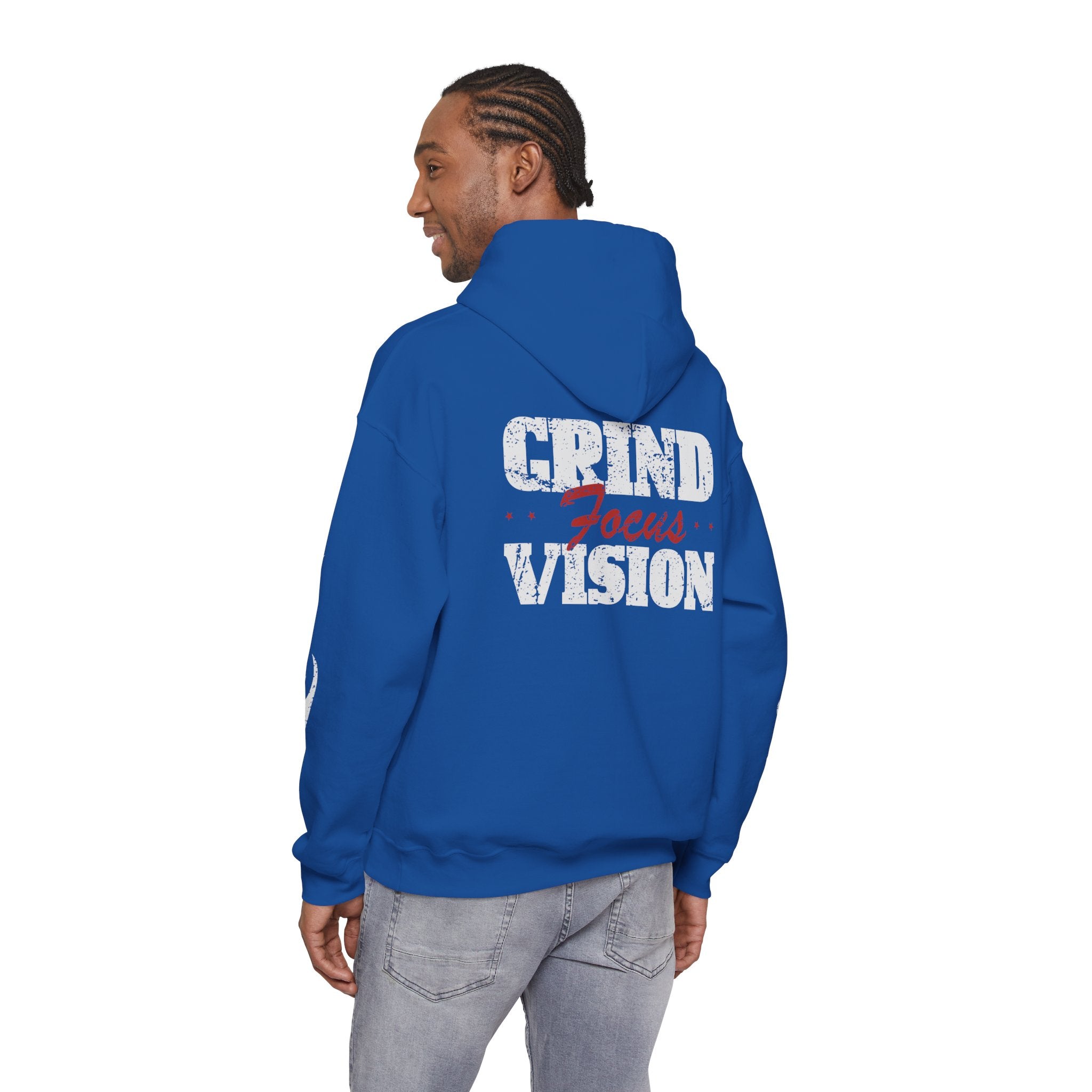 Hooded Sweatshirt — 'Grind Focus Vision' Black Hoodie with Flame Sleeves